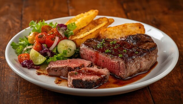 Tasty ostrich meat served with potato fries and salad