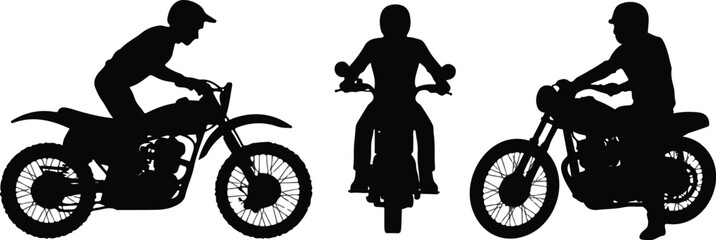 black motorcycle rider silhouettes in different positions for motorcross sports automotive racing and extreme hobby lifestyle concepts. © Md