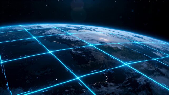Panning camera showing Earth with neon-blue grid, zooming in orbit to map city lights and clouds