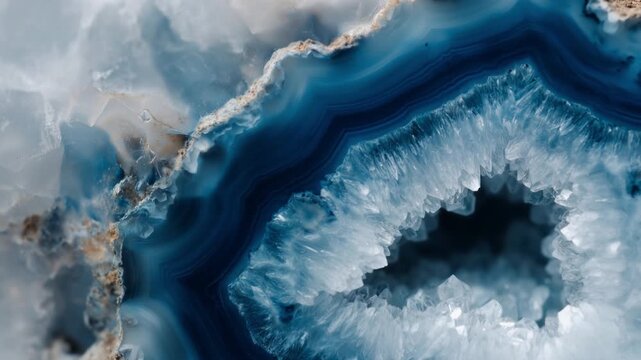 Stunning macro of blue agate geode with sparkling crystals and intricate banded patterns, perfect for luxury design and natural decor inspiration