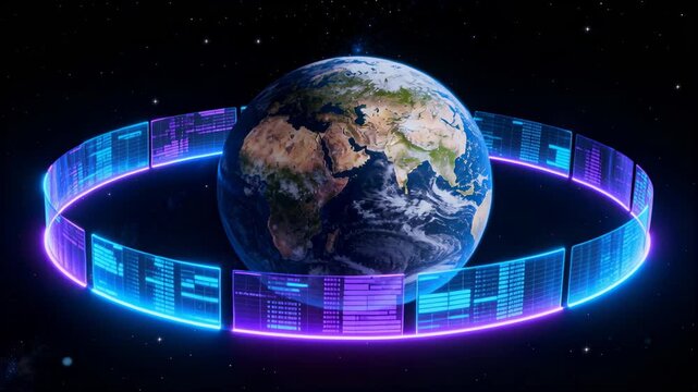 Play starting data ring orbiting Earth, rotating clockwise showing neon cyan panels for technology