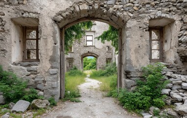 Fototapeta premium Ancient Castle Ruins with Broken Archways and Gate