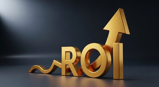 Golden R O I letters with upward arrow on dark background