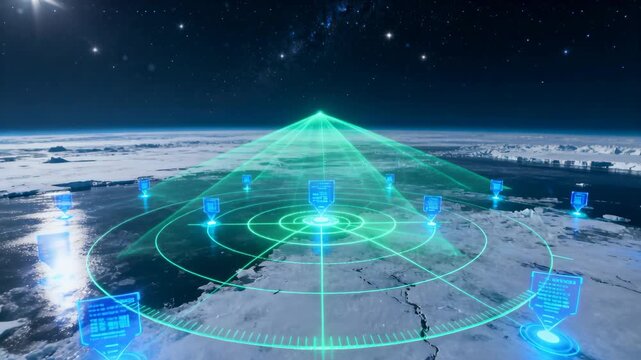 Holo scan net activating over polar ice rings rotating nodes pulsing beam rising for climate study