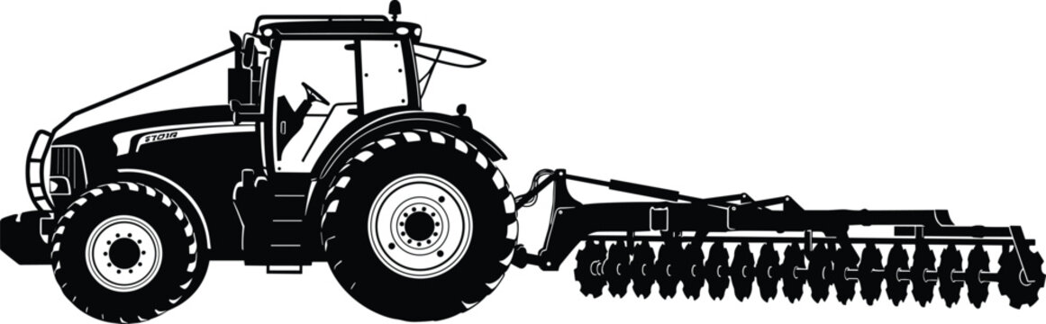 Agricultural tractor with disc harrow silhouette, modern farm machinery for soil cultivation and field preparation, farming equipment vector illustration isolated