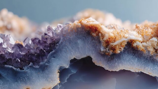 Stunning macro of a geode slice with sparkling amethyst crystals and layered minerals, perfect for luxury design, geology themes, and natural beauty concepts