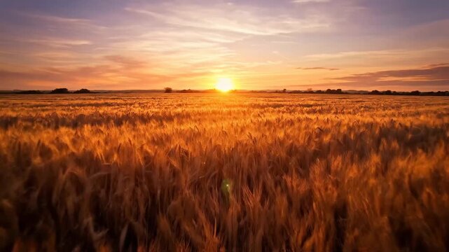 Golden Wheat Field at Sunset - This video features a sprawling wheat field bathed in the warm glow of the setting sun.