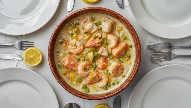 Thick soup chowder made with salmon, white fish, shrimps and vegetables