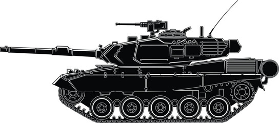 Black and white silhouette illustration of modern military tank with long barrel cannon, turret equipment, continuous track system, armored panels, antennas, and mounted machine gun © MstNur