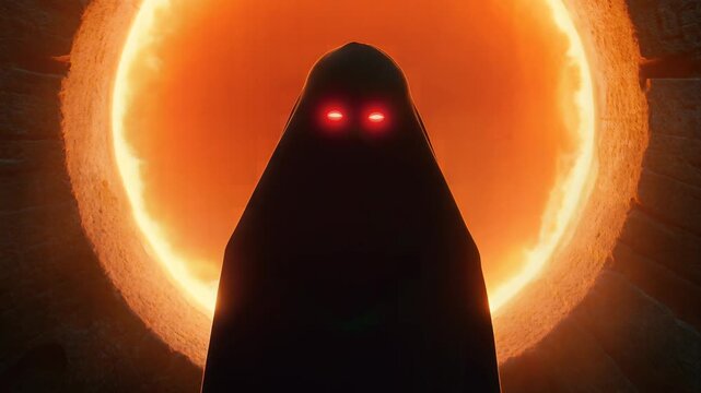 A hooded figure stands before a blazing orange sun with glowing red eyes.