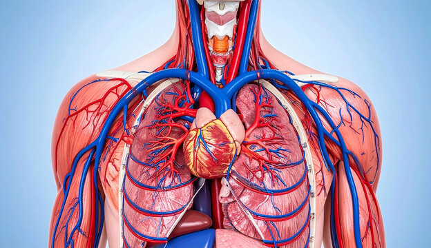 Human body shows internal organs and circulatory system with heart and lungs