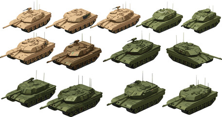 Collection of twelve illustrated military tanks in tan and green colors, arranged in rows, showcasing turrets, antennas, mounted guns, armored panels, and combat vehicle designs © MstNur