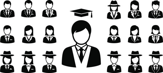 Obraz premium Business people avatar icon set with graduation cap, professional male and female profile silhouettes for corporate, education and user interface design