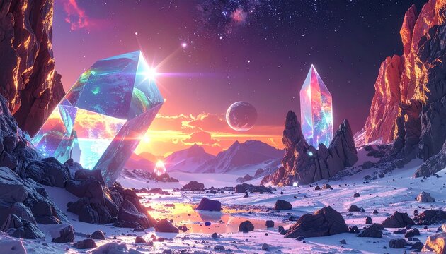 panoramica su di un ambiente naturale desolato, con terreno roccioso da cui spuntano enorme stalagmiti di cristallo trasparente e colorato