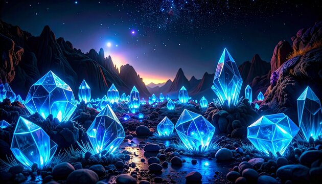 cristalli azzurri e luminosi che spuntano da un terreno roccioso in un ambiente naturale e di fantasia, di notte