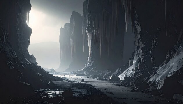 illustrazione realistica e con effetto tridimensionale di un ambiente naturale di montagna di fantasia, con pareti e superfici rocciose nella nebbia, da cui pendono delle lunghe stalattiti di ghiaccio
