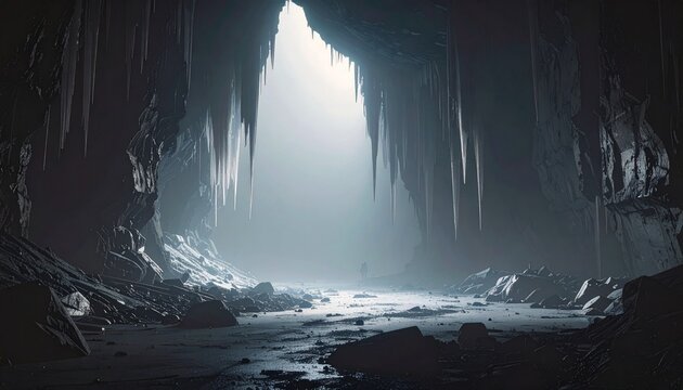 illustrazione realistica e con effetto tridimensionale di un ambiente naturale di montagna di fantasia, con pareti e superfici rocciose nella nebbia, da cui pendono delle lunghe stalattiti di ghiaccio