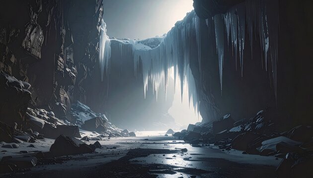 illustrazione realistica e con effetto tridimensionale di un ambiente naturale di montagna di fantasia, con pareti e superfici rocciose nella nebbia, da cui pendono delle lunghe stalattiti di ghiaccio