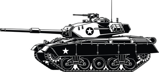 Black and white illustration of U.S. military tank with star insignia, long barrel gun, rotating turret, mounted machine gun, heavy armor plating, and continuous track system © MstNur