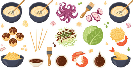 Japanese okonomiyaki ingredients set with cabbage batter shrimp octopus sauces chopsticks and traditional street food vector illustration © MdAbdul