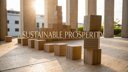 Fototapeta premium Wooden Blocks Forming Structures Symbolizing Sustainable Prosperity