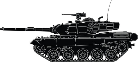 Detailed black and white silhouette illustration of modern military tank with long barrel gun, turret equipment, machine gun, tracked wheel system, armor plating, and communication antenna © MstNur