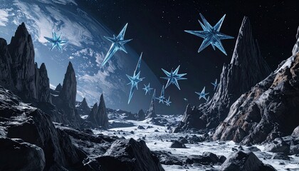 superficie rocciosa di un pianeta o un asteroide desolato con cristalli appuntiti che fluttuano nel vuoto, con pianeta e spazio oscuro sullo sfondo