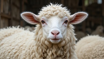 Close-Up Portrait of a Fluffy White Sheep in a Rustic Farm Setting with Soft Natural Lighting