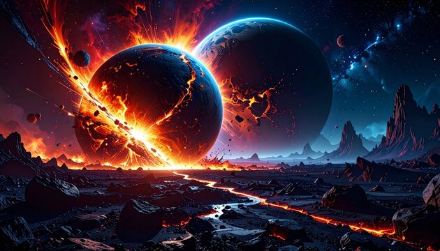 concetto di caos nell'universo, illustrazione 3d, pianeti in fase di collisione ed esplosione, in un ambiente di fantasia