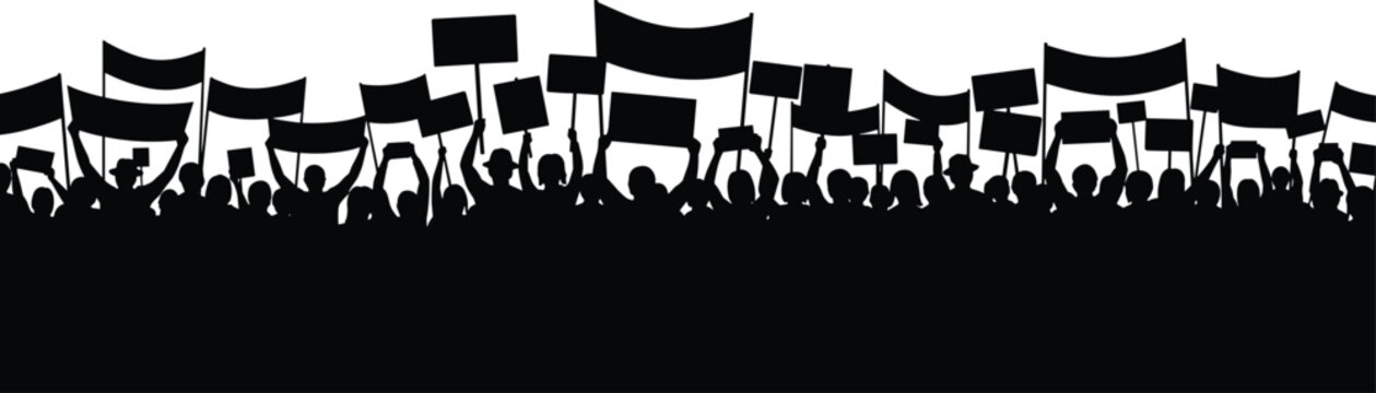 Crowd protest silhouette with people holding flags and banners, demonstration rally concept, social movement activism illustration isolated for political protest and public protest design