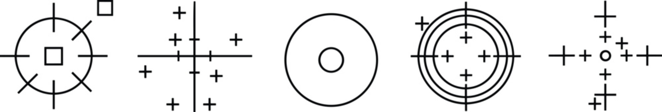 Crosshair target icons set with aim reticle symbols for shooting, sniper scope, focus point and targeting system design vector