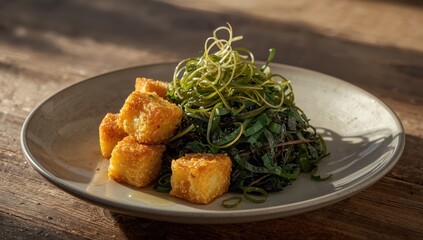 Top view of a plate with fried tofu and seaweed salad