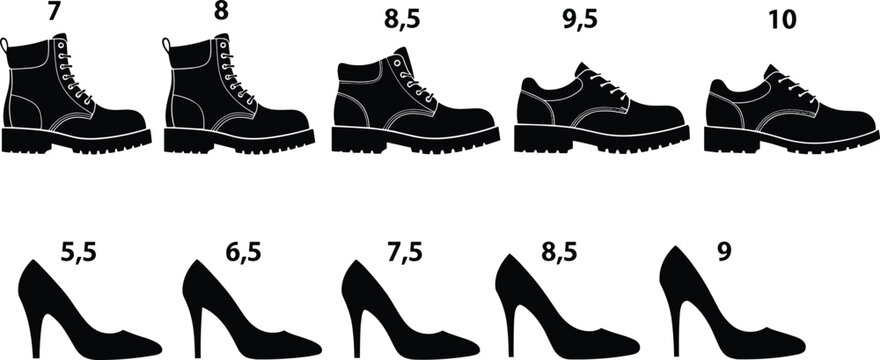 Footwear size chart with men boots and women high heel silhouettes, shoe measurement guide for fashion retail, fitting and footwear sizing
