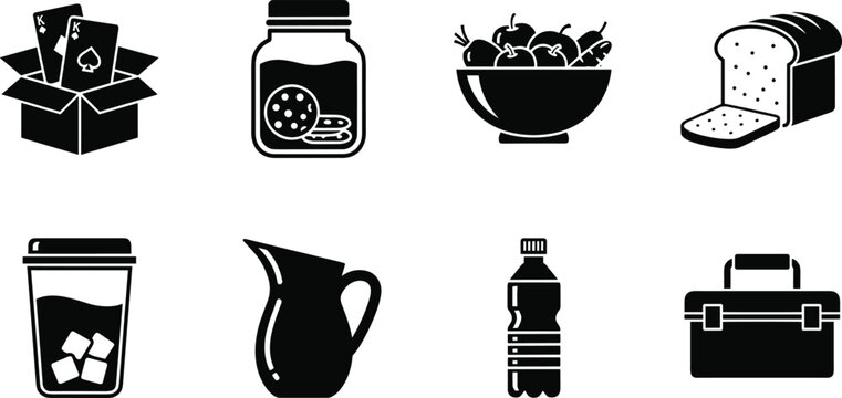 Food and drink icons set with bread, fruit bowl, coffee cup, cookie jar, water bottle and lunch box vector silhouette collection