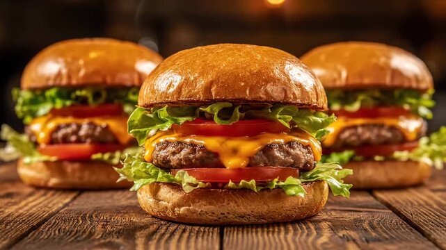 Delicious Cheeseburgers on Wooden Surface - Three juicy cheeseburgers are lined up on a rustic wooden table, showcasing their mouthwatering ingredients.