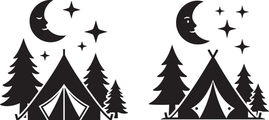 Obraz premium Camping tents under starry night sky with crescent moon