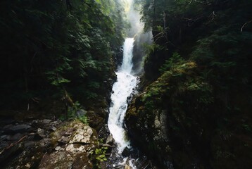 A powerful waterfall cascades through a dense, lush forest.