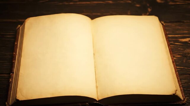 An old open book with blank aged pages lying on a dark wooden desk. Vintage background for knowledge, history, or storytelling. Antique diary or spellbook mockup with copy space
