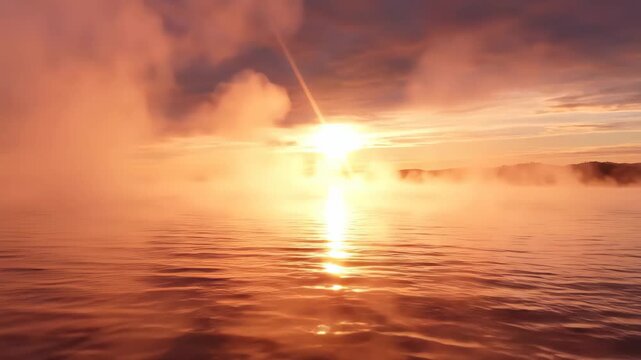 Cinematic 4K footage of golden sunset sunrays breaking through clouds over calm ocean waves