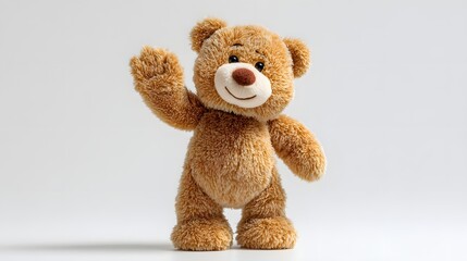 Obraz premium Cute Teddy Bear Toy Waving Hello on White Background.