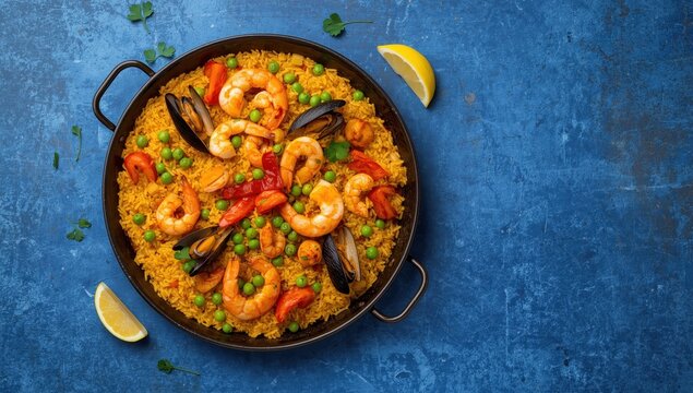Top view of seafood paella on a textured blue surface