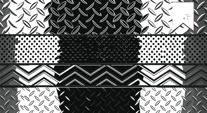 Metal texture banner set with diamond plate steel, halftone dots and zigzag patterns, industrial background collection for grunge design and modern graphics