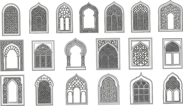 Islamic ornamental window and arch set with intricate arabesque patterns, traditional Middle Eastern architecture line art frames collection for decorative design