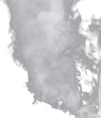 Naklejka premium Dark grey smoke cloud explosion isolated png with transparent background. Realistic dense charcoal smoke plume with dust particles for war scene, blast effect, dramatic cinematic overlay