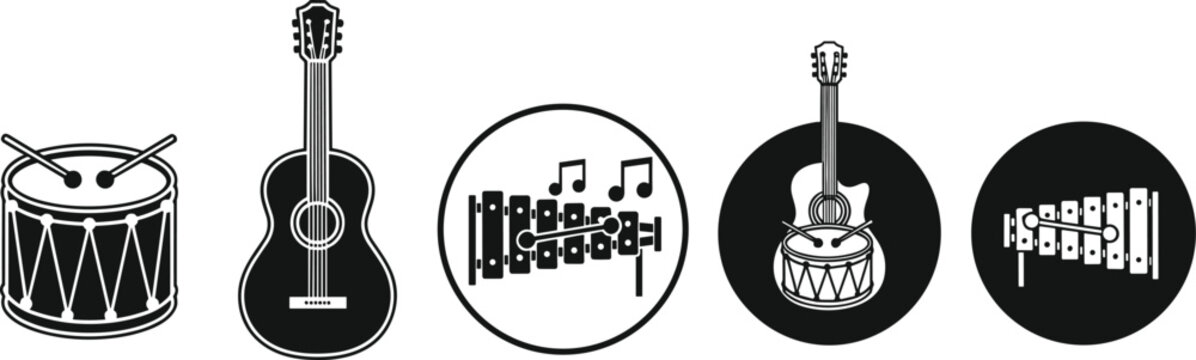Music instrument icon set featuring drum, guitar and xylophone silhouettes, band and orchestra sound symbols for musical design and audio themes