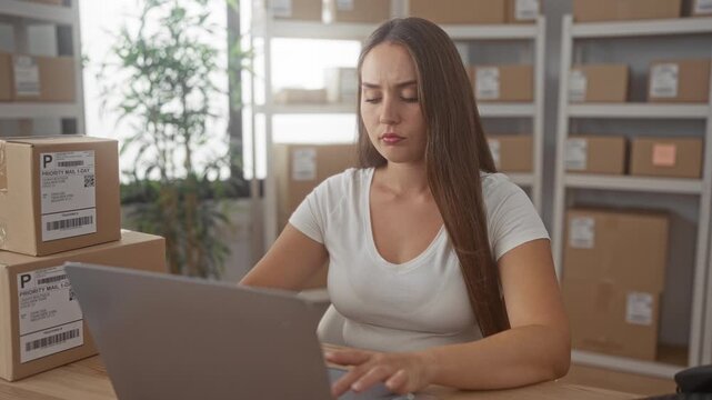 Woman typing on laptop beside stacked parcels processing online orders in office building; pensive small business planning.
