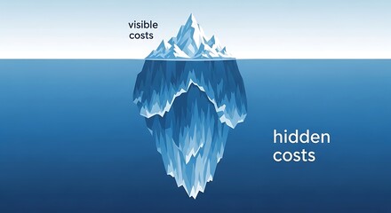 Iceberg showing visible and hidden costs above and below water level visible costs blue