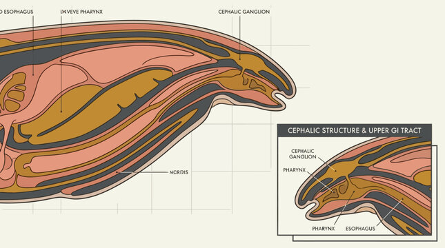 Anatomical Diagram of Cephalic Structure and Upper Gastrointestinal Tract, Scientific Cross-Section Illustration of Pharynx and Esophagus