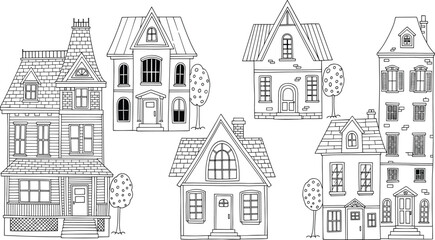 Fototapeta premium Hand Drawn Victorian House Sketches, Vintage Architecture Line Art, Coloring Page Buildings, Antique Home Illustration Set, Exterior Mansion Doodles, Vector Outlines