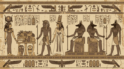 Ancient Egyptian Wall Art Scene with Pharaoh, Goddesses, and Anubis Offering Ritual - Hieroglyphic Papyrus Background